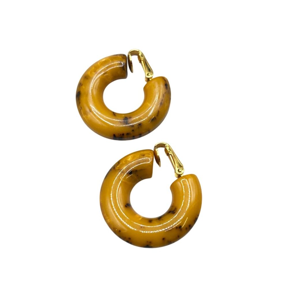 Vintage Marbled Butterscotch Bakelite Hoops earrings Clip On Early Plastic